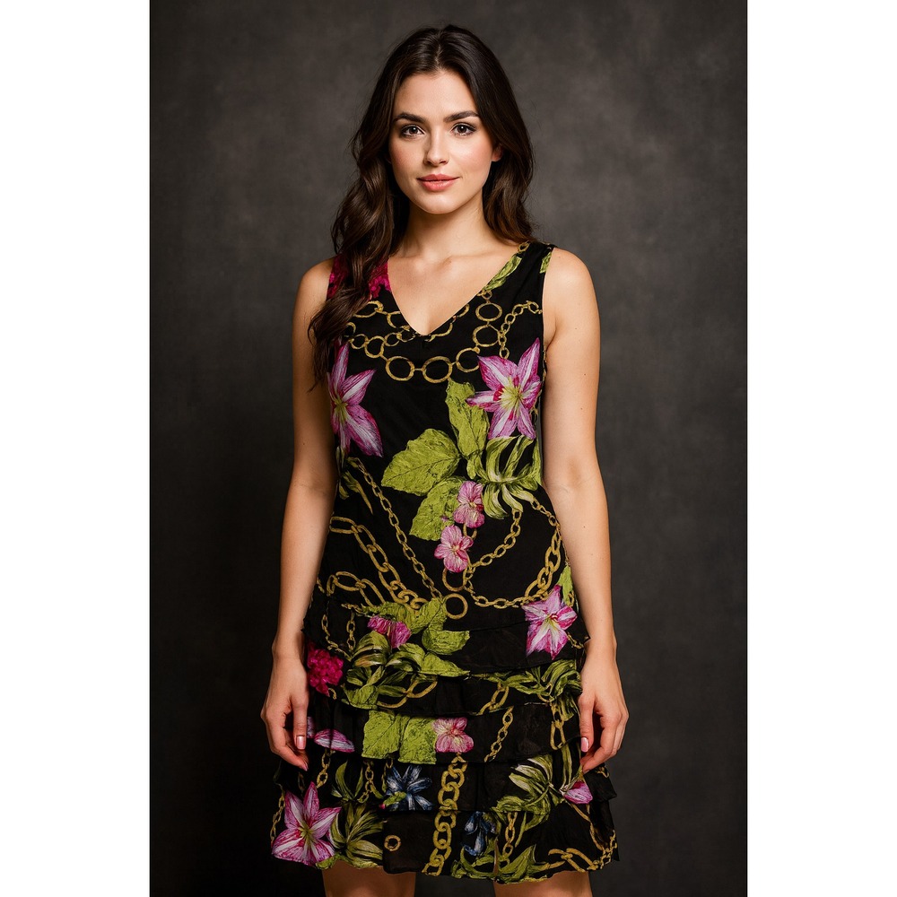 Joseph Ribkoff Swing Dress SZ 8 Whimsy Floral Fairy Chic Resort Layered Ruffle